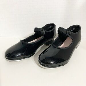 Capezio Tele Tone Tap Faux Patent Leather Tap Shoes Grosgrain Ribbon Trim Black